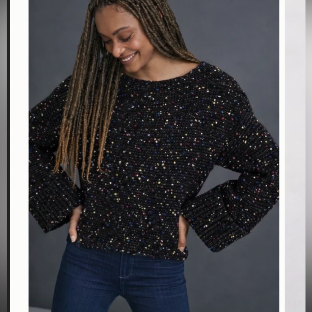 Anthropologie Maeve Confetti Sweater black knit S $138 casual winter classic